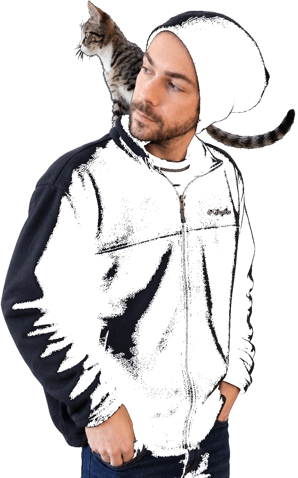 Nathan wearing a beanie with a cat perched on his shoulder