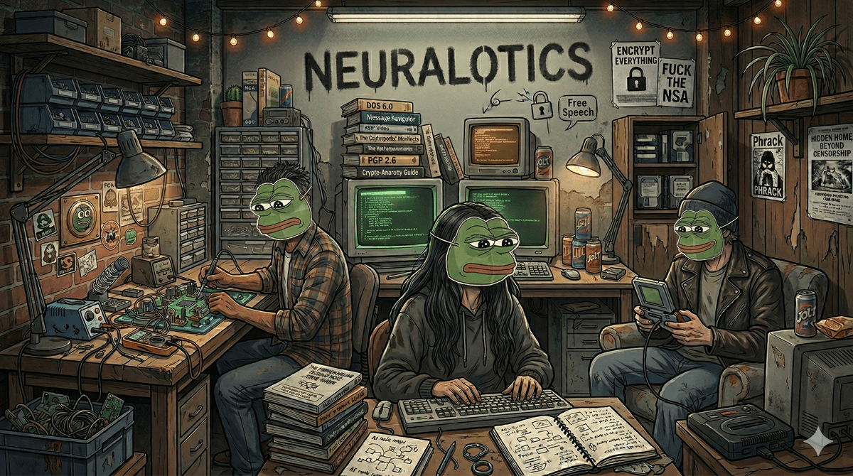 The Neuralotics illustrated workshop, crowded with electronics and creative experiments